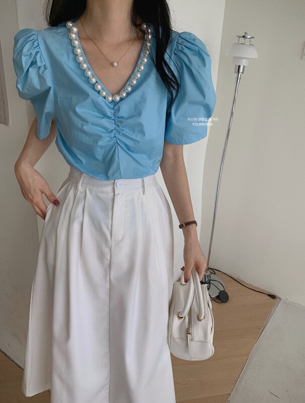 [your room] heavy industry nail bead bubble sleeve V-neck blouse 069# cqw