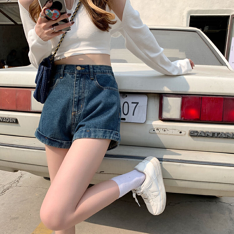 [timely rain] Korean style ins retro water wash curling versatile simple high waist thin denim shorts 11225# WPL