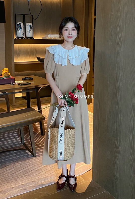 New in early summer! [Ivy] Korean style stitched lotus leaf collar dress 88176# XJ