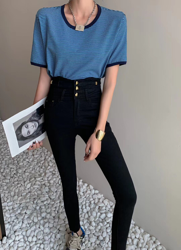 goods in stock! New in early summer! [Yuanxi] versatile round neck stripe short sleeve T-shirt 2022718# LSL