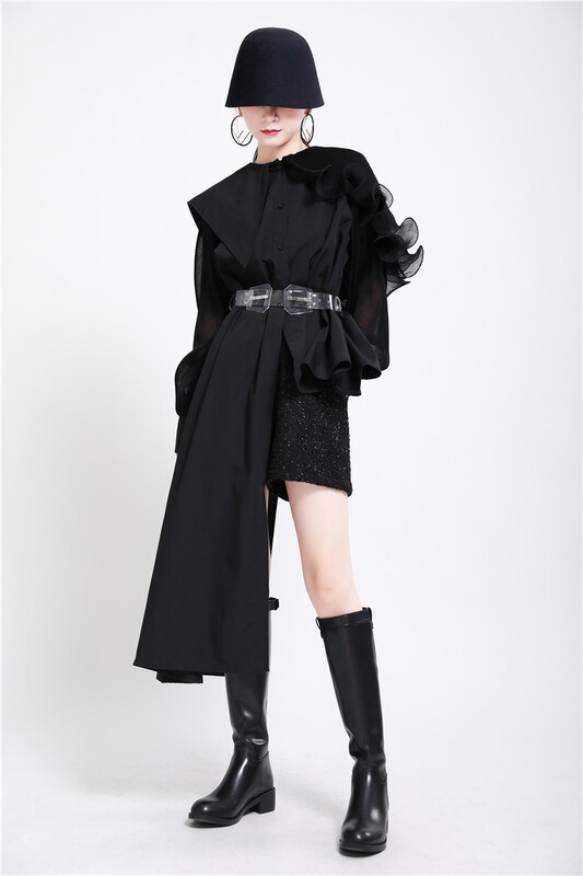 goods in stock! New year in early spring! [Z & C] large lapel Ruffle irregular splicing design shirt (without belt) ys1-1507# LSW