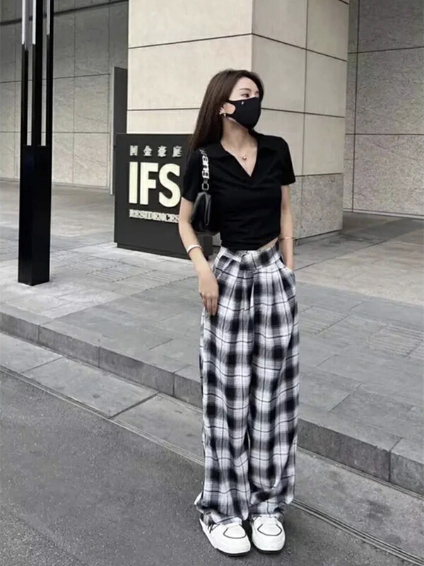 [Huaxi] simple and versatile T-shirt + checkered casual pants set 9023# PCZ