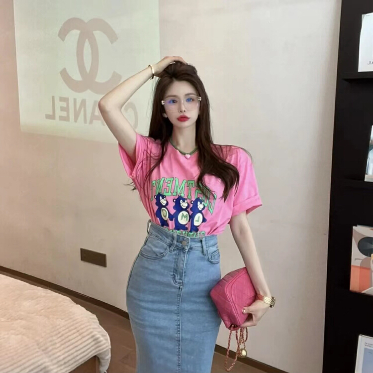 goods in stock! [ruru-clutching 2 store] Korean print loose and versatile short sleeve T-shirt 398# lwy