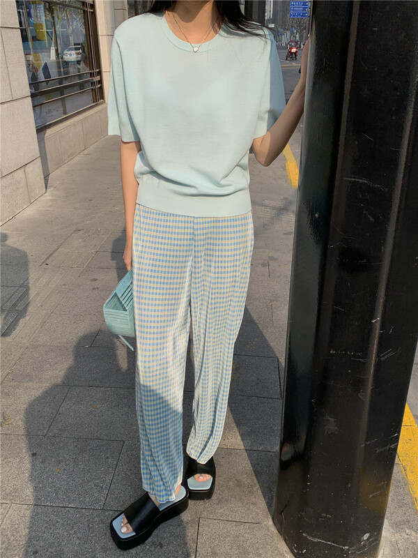 goods in stock! [emoni] Korean loose check fashionable casual pants 10659# CLS