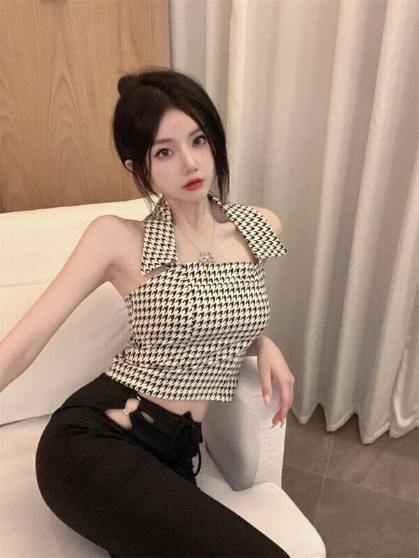 New in early summer! [Doudou family] thousand bird lattice bra, neck and lapel vest blouse (only selling blouses) 88110# CLS