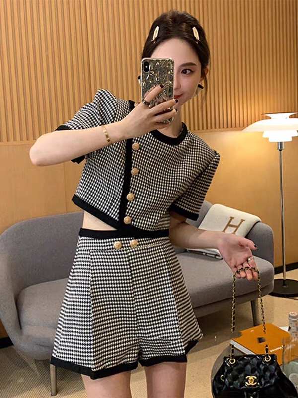 [Huaxi] foreign style minority thousand bird grid small shirt + high waist design casual Shorts Set ys1-9032# PCZ