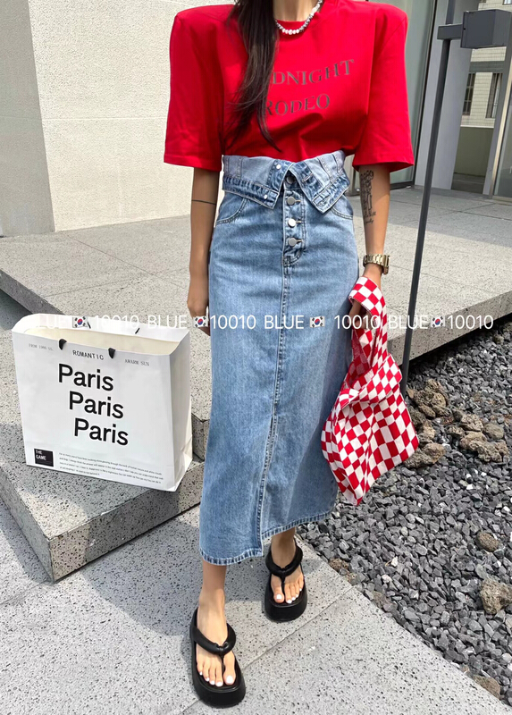 New in early summer! [blue] little women's breasted high waist denim skirt 10010# hjy