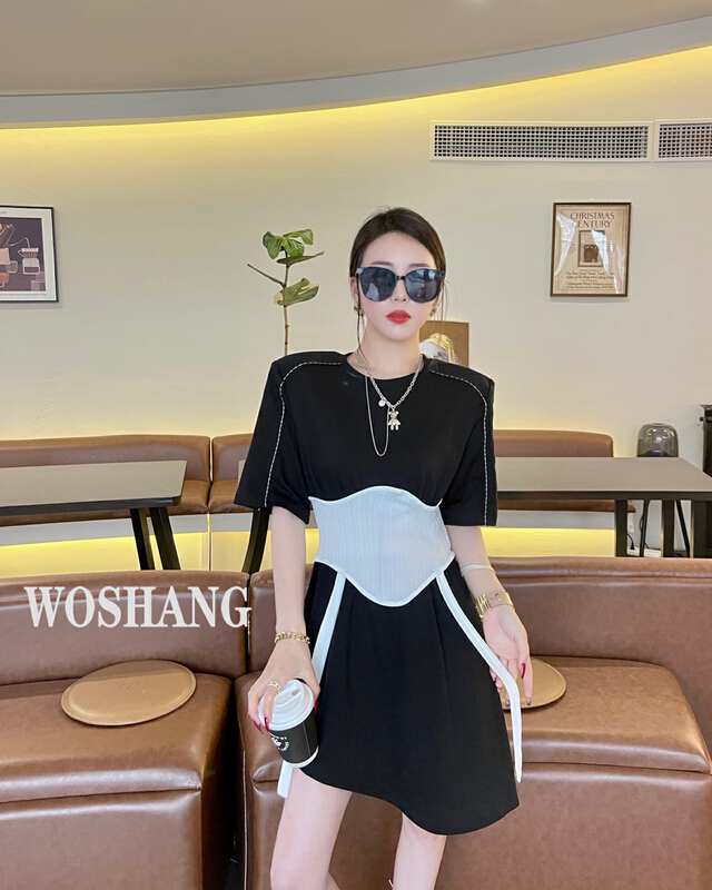 New in early summer! [woshang woshang] versatile niche stitching waist closing irregular dress 1206# XYJ