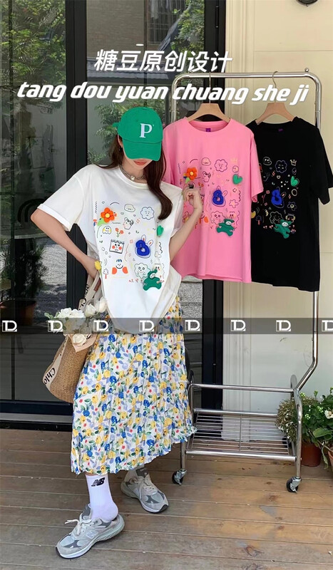 [tangdou original] three dimensional floret round neck Pullover short sleeve T-shirt 9592# WTT