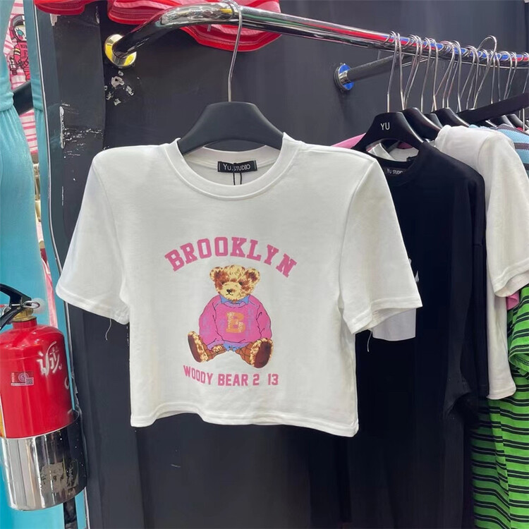 [Yu] cartoon bear letter shoulder pad short short sleeve T-shirt 0096# cqw