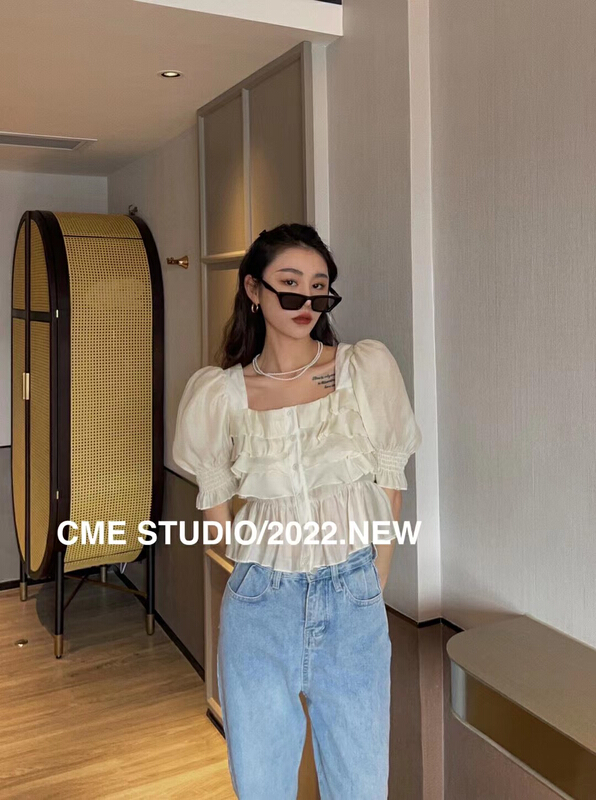 goods in stock! New in early summer! [M2 +] square neckline versatile temperament small shirt 06058# WTT