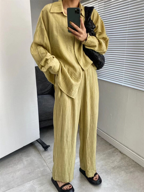[Ersan] simple and fashionable shirt + loose wide leg casual pants set 71460# zxl