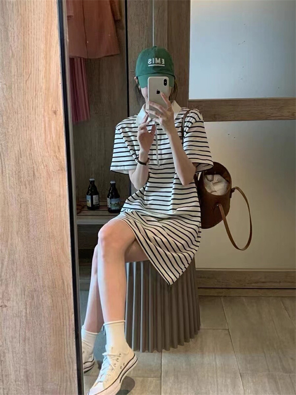 goods in stock! New in early summer! [OA] Korean striped polo collar dress 1162# XYY