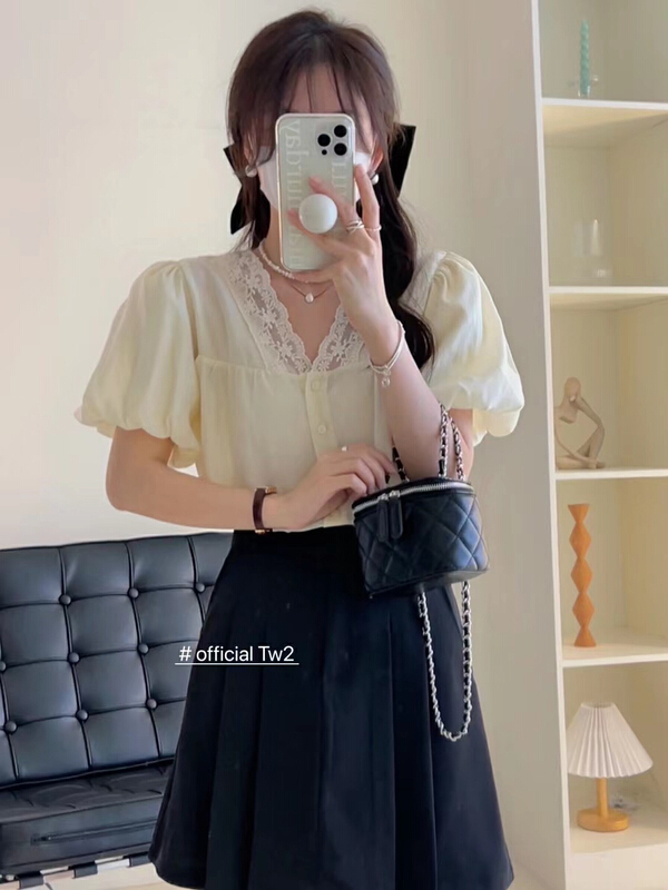 [TW2] lace stitched V-neck Lantern Sleeve Blouse 16305# HBx
