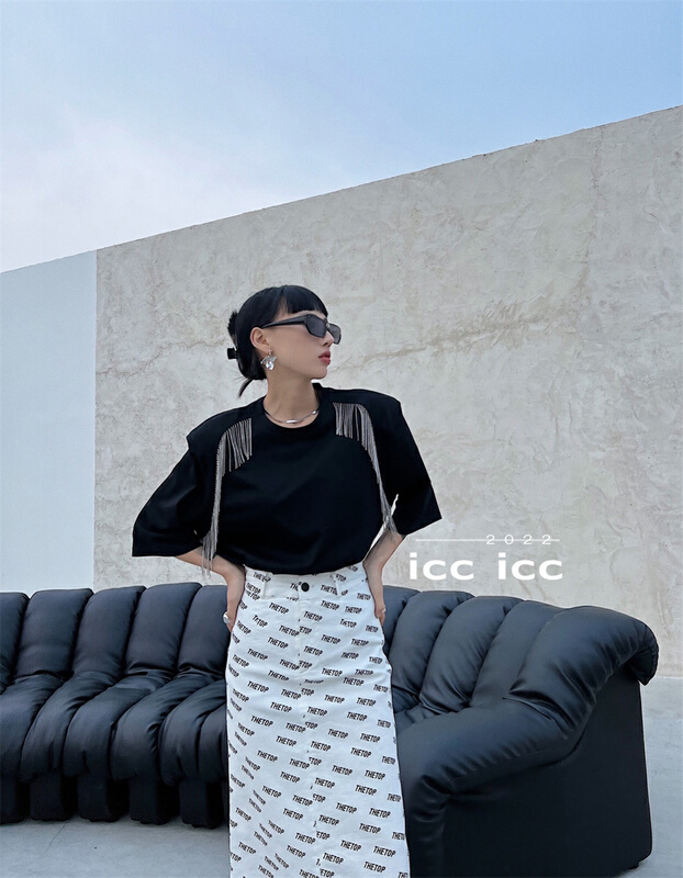 New in early summer! [ICC] Korean Pullover tassel shoulder pad loose short sleeve T-shirt 6530# WTT