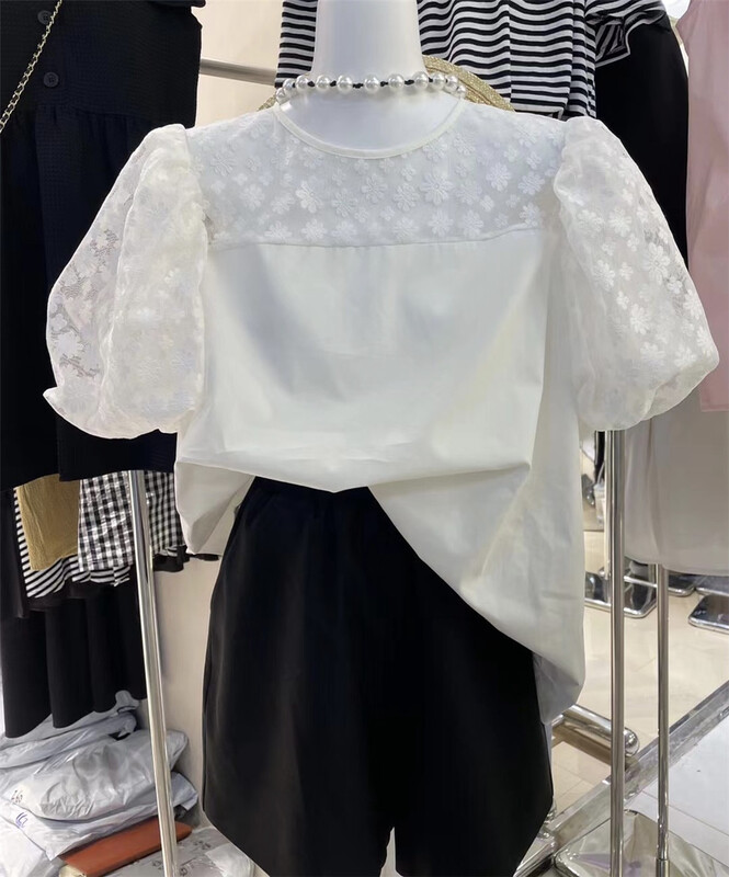 [dream fly] Korean mosaic lace Jacquard bubble sleeve short sleeve T-shirt 61199# XJ