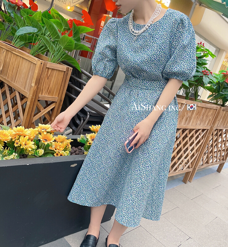Spot! New in early summer! "AISHANGING" Korean version of fresh bubble sleeve floral waist long dress 5326# PCZ