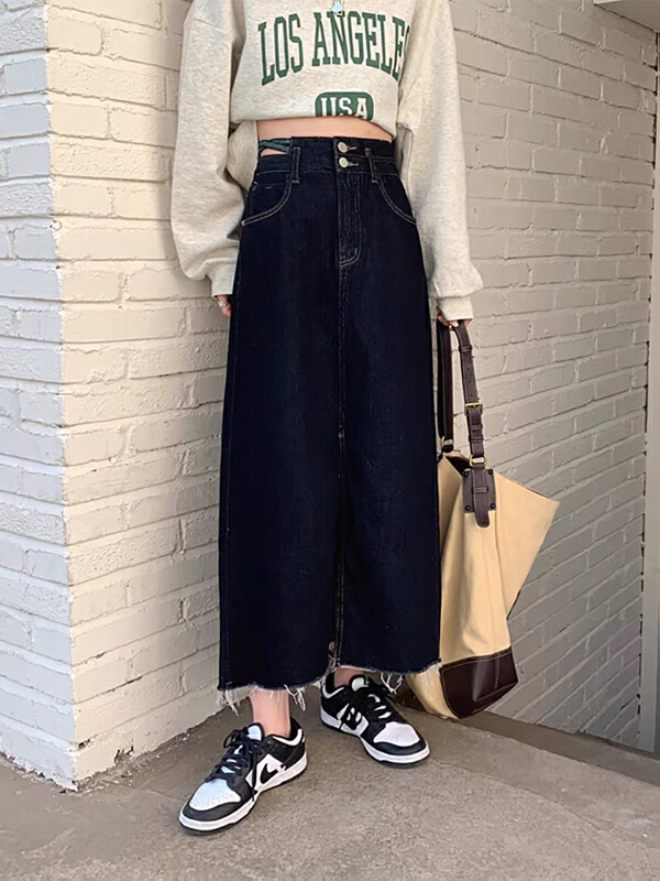 早春上新!【MATE  FASHION】高腰開叉A字牛仔裙  藍8628黑8628-1#  OZQ