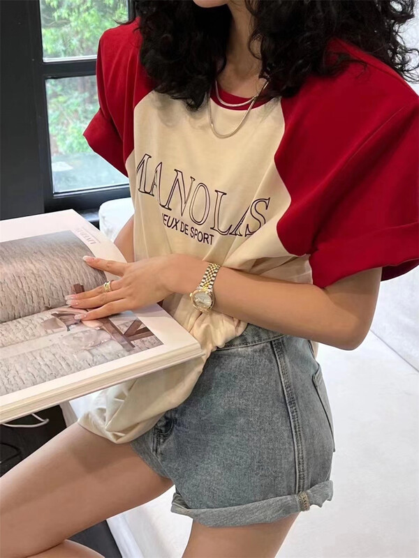 New in early summer! [Yan Zhen] color blocking letter Pullover short sleeve T-shirt 1211# PCZ