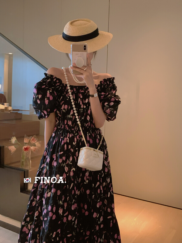 [finoa] bubble sleeve square neck lady dress 10450# CLS