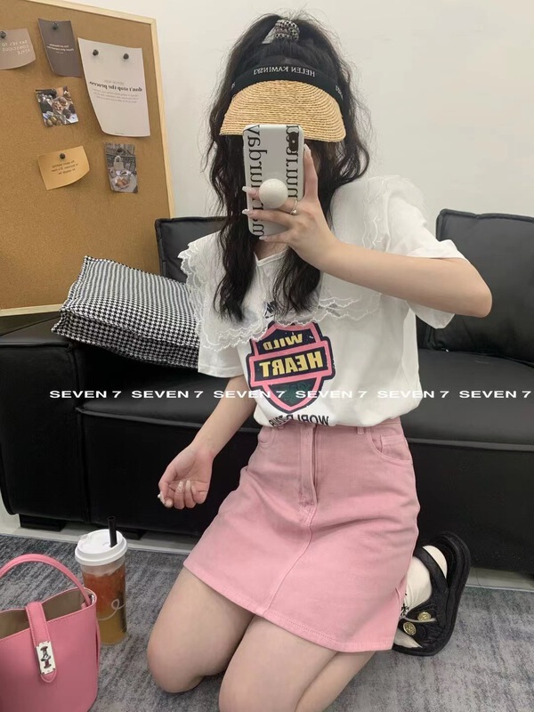 [seven 7] mesh floral collar letter print Pullover short sleeve T-shirt ys1-8213# WTT
