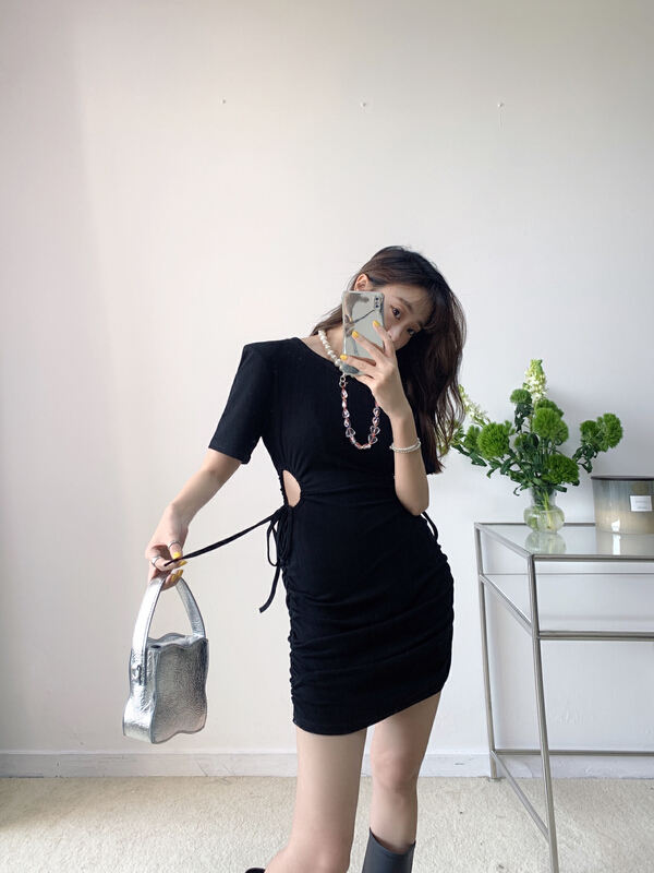 [Vanessa] design style broken waist binding rope Pleated Dress 6231# ozq