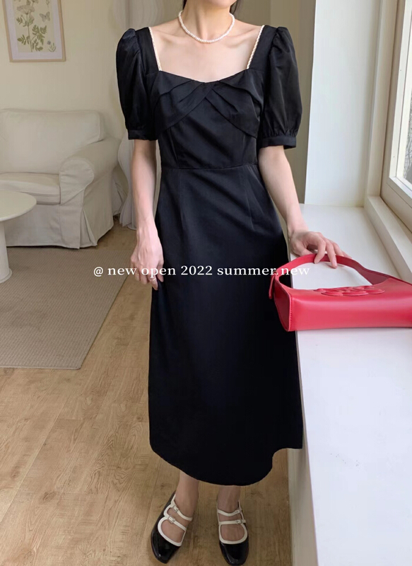 [new open] French Satin waist closing bubble sleeve square neck dress sl22715# zxl