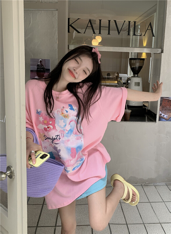 New in early summer! [timely rain] Han Feng ins sweet aging print cute cartoon loose short sleeve T-shirt 06025# WPL