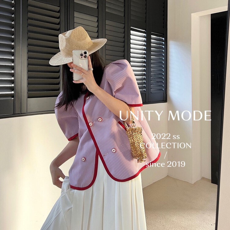 【UNITY】方領泡泡袖粉色條紋襯衫  8035#  CQW