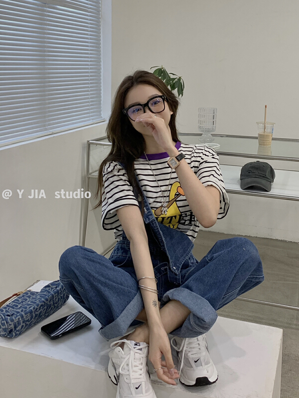 goods in stock! [y.jia Yijia] contrast color neckline Stripe Print short sleeve + temperament versatile adjustable suspender Pants Set ys3-6705# PCZ