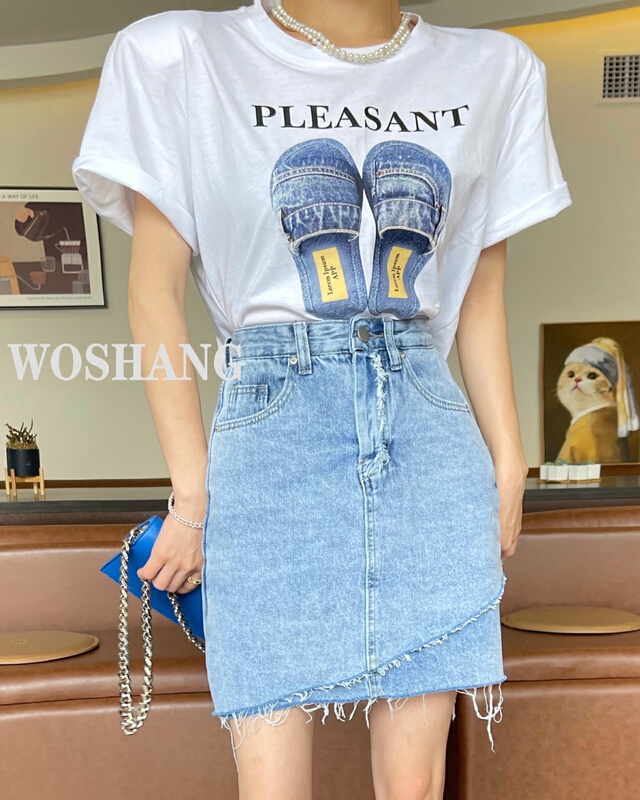 goods in stock! New in early summer! [woshang] irregular high waist thin denim skirt 1223# XYJ