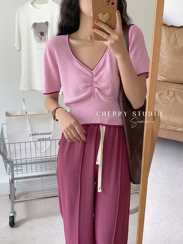 [cherry studio] Korean slim fitting knitted V-neck color blocking sweater 5208# HBx