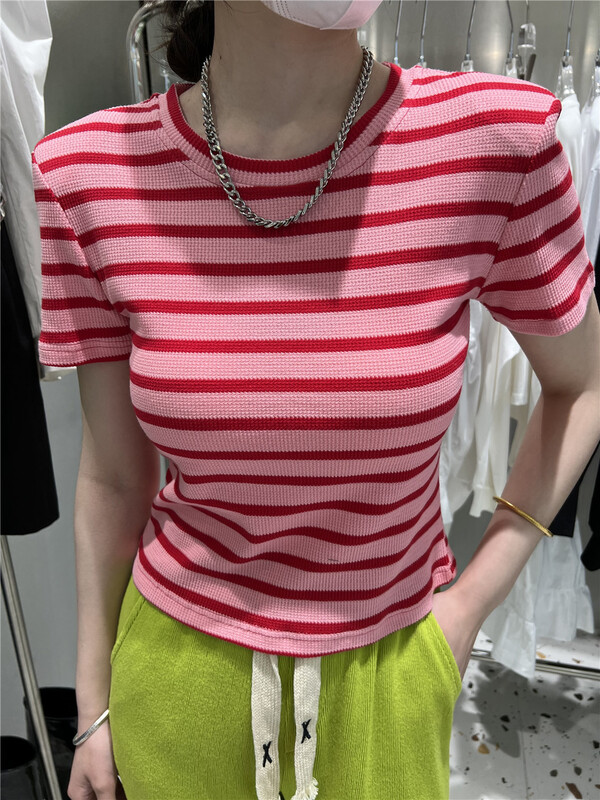 In early summer! [LAN] stripe color contrast versatile thin short sleeve T-shirt m0093\lwy