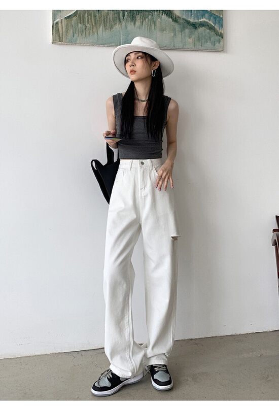 [lsjd] simple and versatile jeans 6706# WTT with holes and wide legs