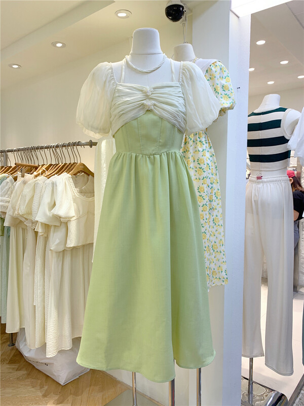 [Lulu grace] French Style Bubble Sleeve waist closing dress 6333# zjy