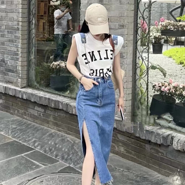 [Dido] Korean casual versatile denim strap skirt (with detachable shoulder strap) 7166# LSW