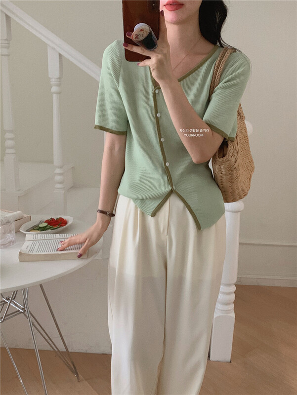 [your room] Korean color contrast edge short knitted cardigan 3608# cqw
