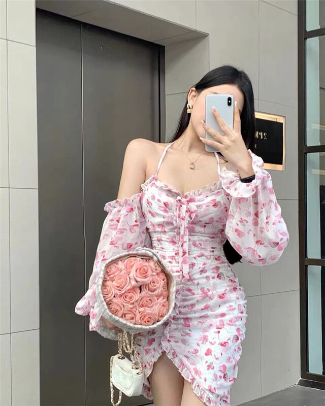 [Linda] French style pure wind broken flower drawstring dress (detachable with sleeves) 3362# zxx