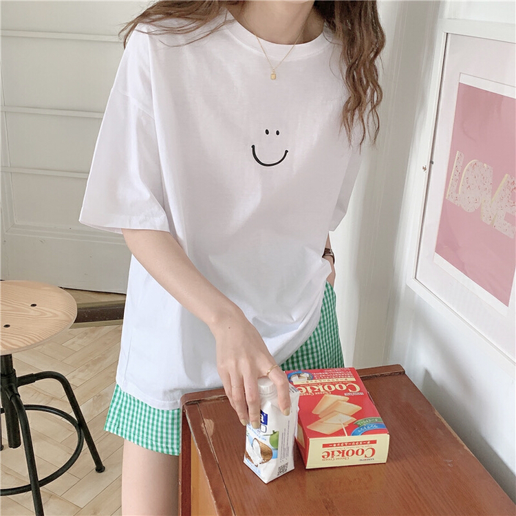 [timely rain] Han Feng ins smiling face printed short sleeves + Plaid pajamas home clothes casual Shorts PAJAMAS suit 04556# WPL