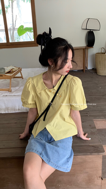[from Anna] irregular neckline characteristic neckline split solid color shirt 6179# LSW
