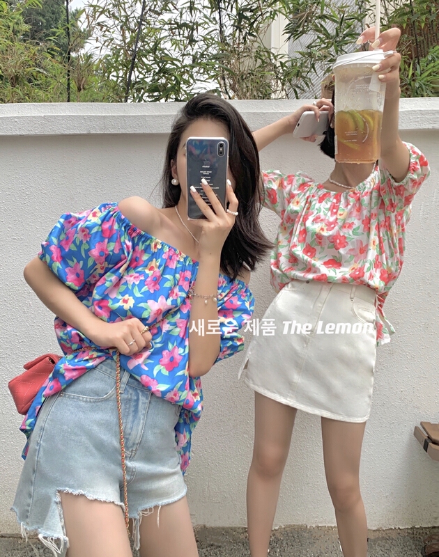 [lemon green tea] Korean printed one neck shirt 2181\hjy