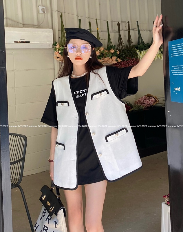 goods in stock! New in early summer! [Ivy] Korean style contrast Vest + round neck versatile printed short sleeve T-shirt set (with bag) 88128# XJ