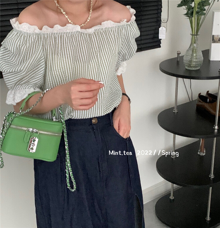 [mint tea] square neck striped lace shirt 22909# zjy