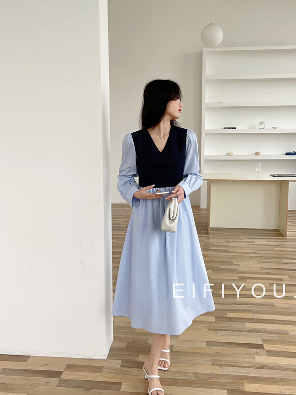 早春上新！【EI FI YOU】v領拼接交叉扣連衣裙  1965#  LSL