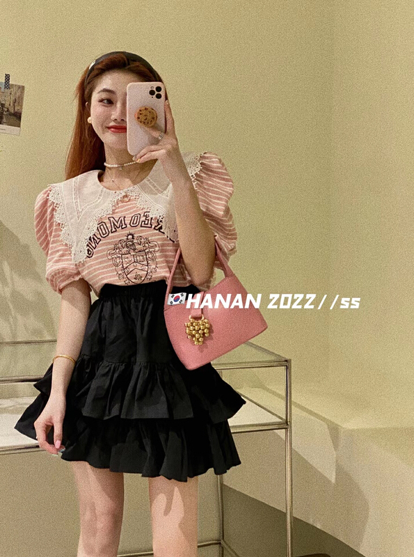 New in early summer! [Hanan] Korean versatile loose large doll neck letter stripe short sleeve T-shirt ys1-6153# LSL