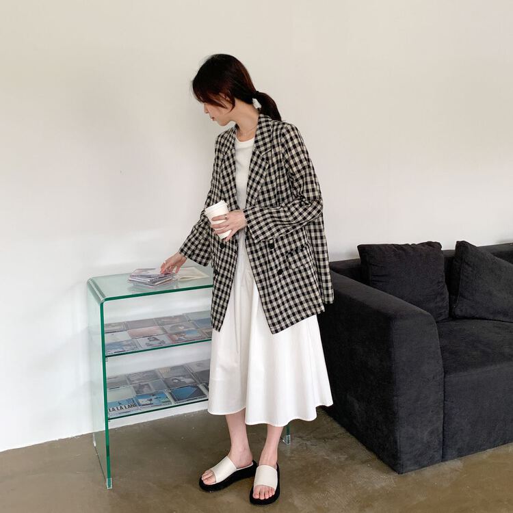[st] versatile Plaid shoulder pad cotton linen suit 2912# XJ
