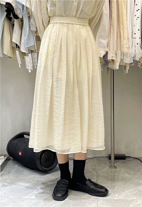 [Ming] pure color temperament rubber band high waist sweet aging skirt 5802# LSW