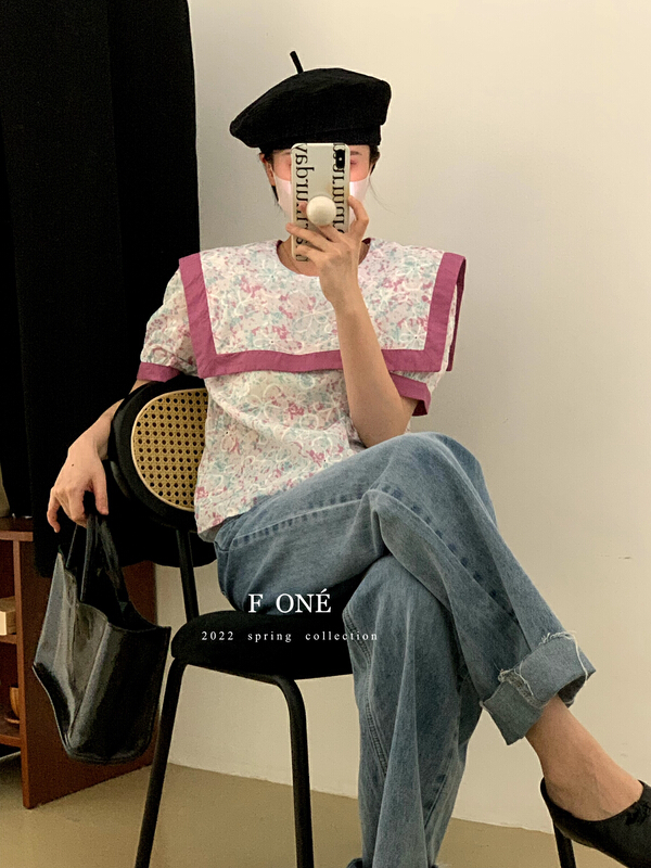 【F ONE】韓版撞色大翻領刺繡襯衫  52066#  WPL