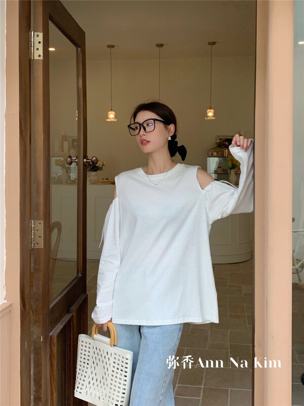 New year in early spring! [Mi Xiang] Korean off shoulder solid long sleeve T-shirt 5031# hjy