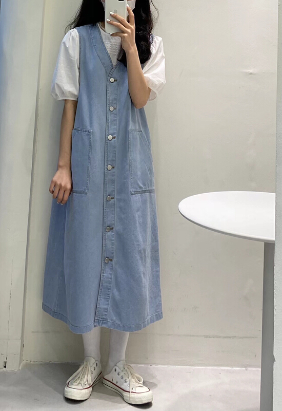 [ISO Korean] Korean casual denim breasted sleeveless dress 2942# hjy